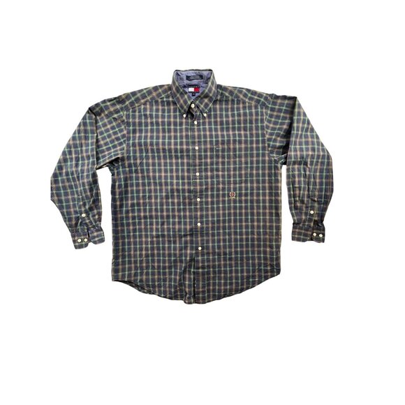 90s Tommy Hilfiger Men Medium Navy Green/Red Lion Crest Plaid Button-Down Shirt - Picture 1 of 11